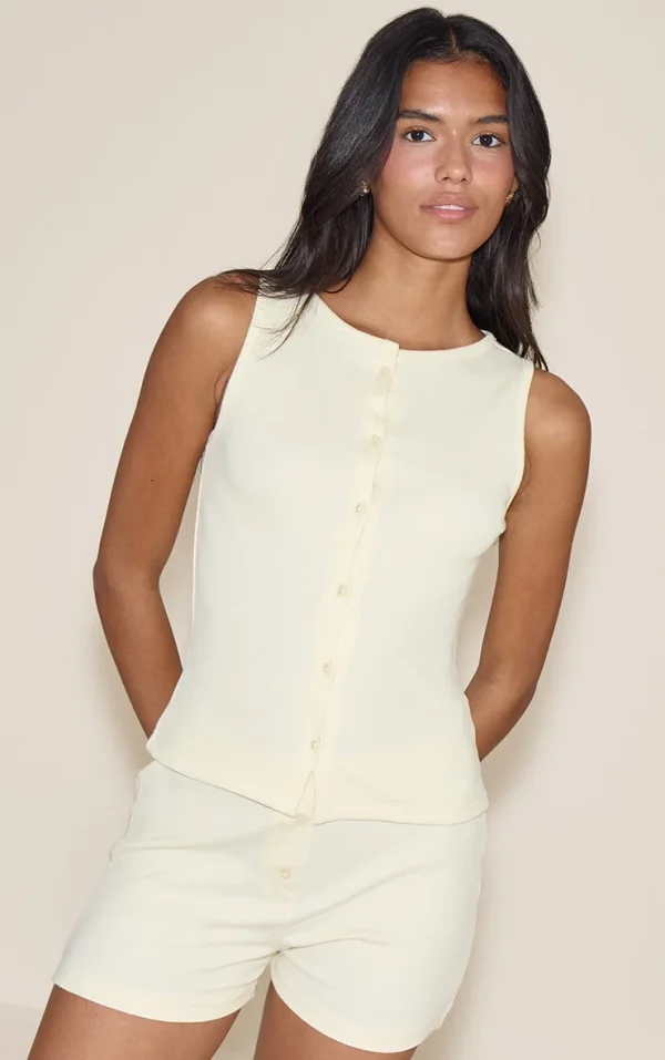 Lemon Ribbed Jersey Button Up Short PJ Set