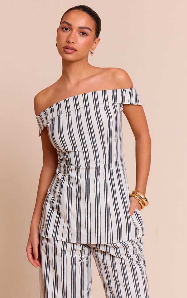 Natural Textured Stripe Fold Over Bardot Long Top