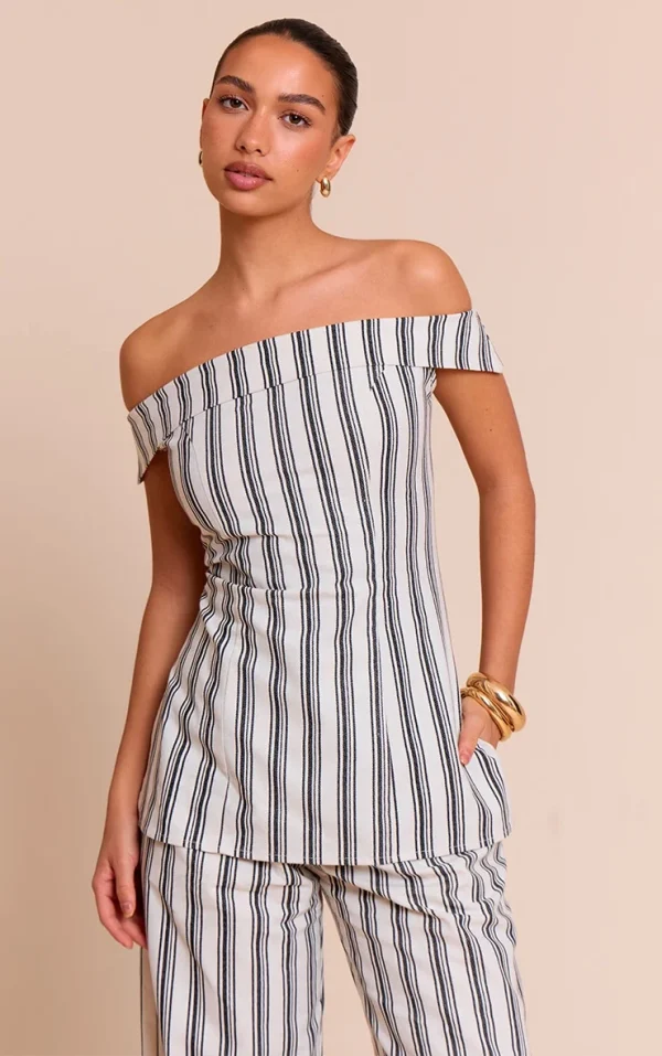 Natural Textured Stripe Fold Over Bardot Long Top