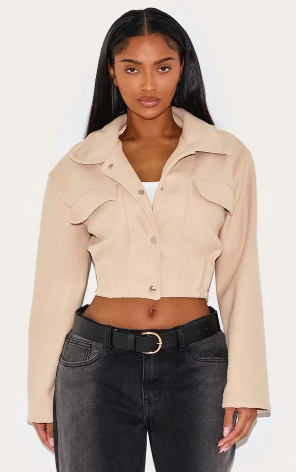 Shape Stone Wool Look Cinched Waist Trucker Jacket