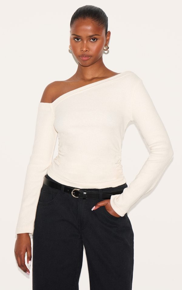 Cream Rib Slouchy Asymmetric Ruched Long Sleeve Top