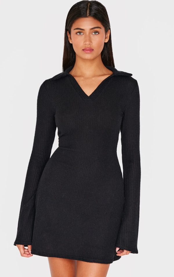 Black Waffle Textured Long Sleeve Shift Dress