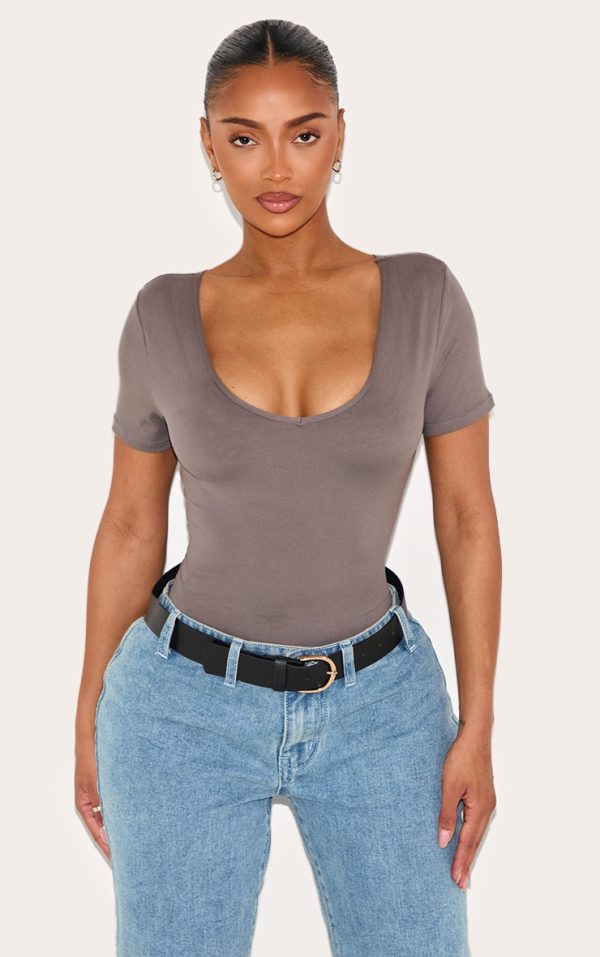 Shape Charcoal Sculpted V Neck Short Sleeve Bodysuit