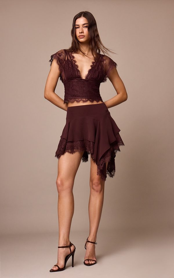 Dark Plum Chiffon Layered Lace Detail Mini Skirt
