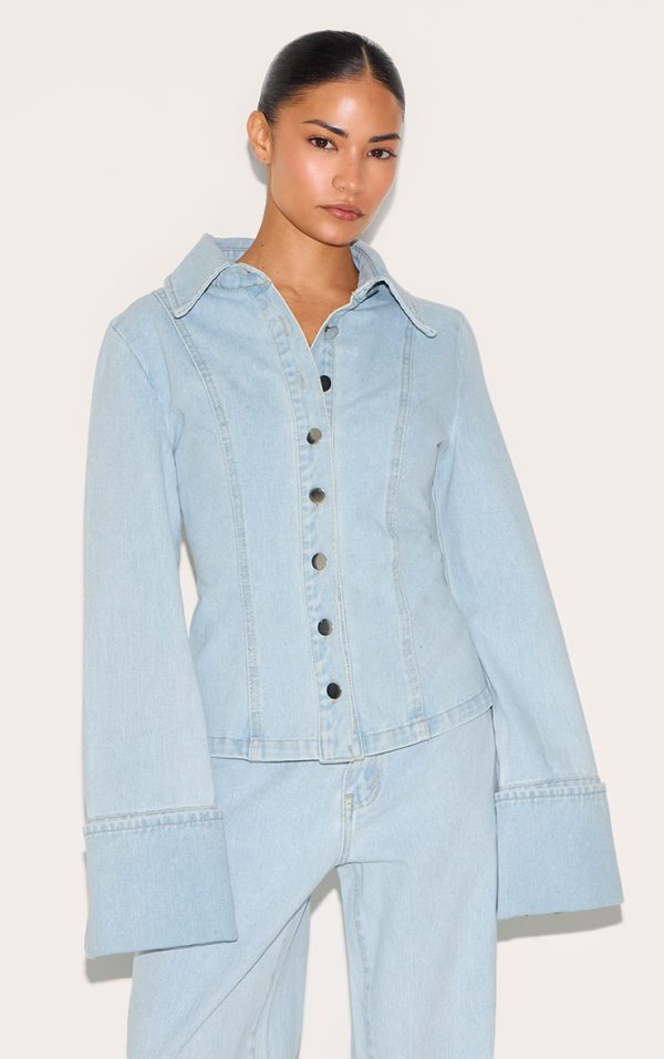 Petite Light Blue Long Sleeve Fitted Denim Shirt