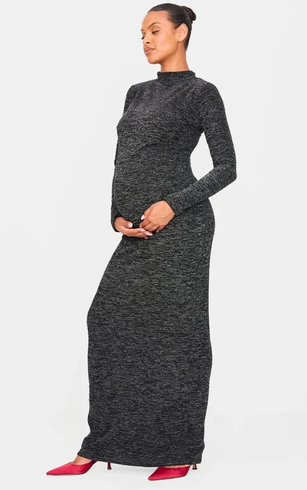 Maternity Black Glitter Long Sleeve Maxi Dress