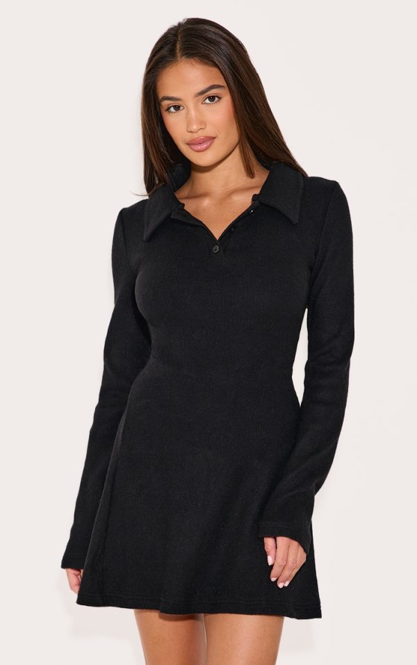 Black Heavy Brushed Rib Button Up Shift Dress