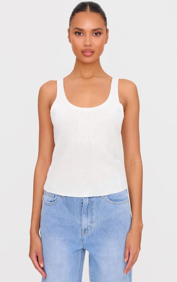 White Velvet Sequin Scoop Neck Vest