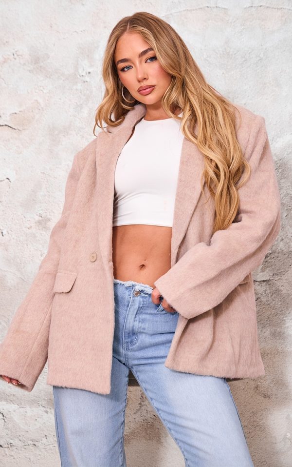 Beige Oversized Textured Wool Look Blazer