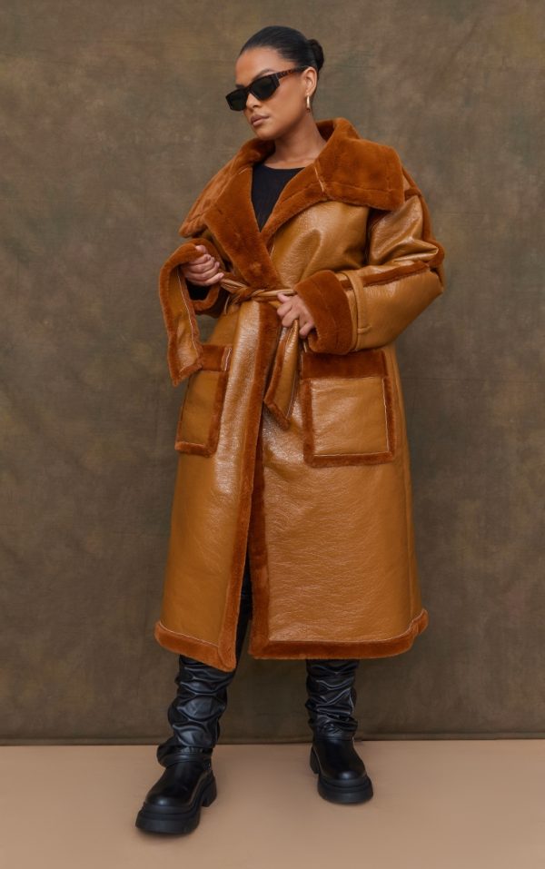 Plus Camel Vinyl Contrast Faux Fur Midi Coat