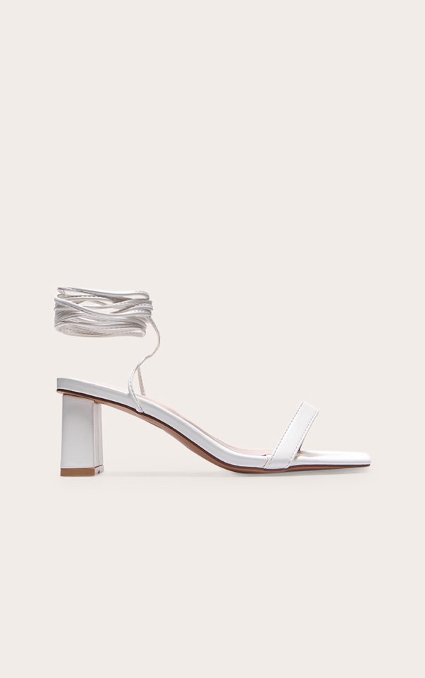 White Wide Fit PU Square Toe Lace Up Low Block Heeled Sandals