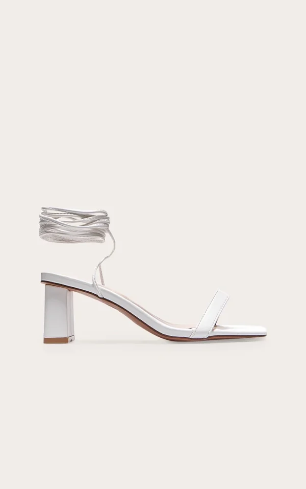 White Wide Fit PU Square Toe Lace Up Low Block Heeled Sandals