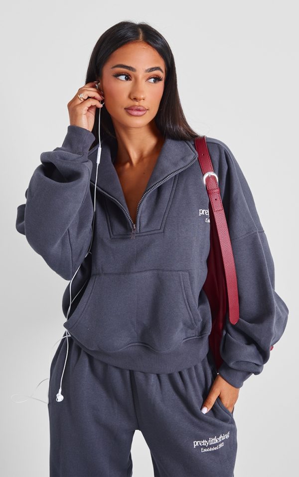 Petite Charcoal Graphic Oversized Half Zip Sweat