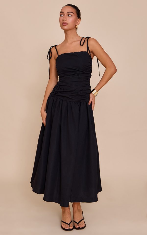 Black Ruched Detail Strappy Maxi Dress