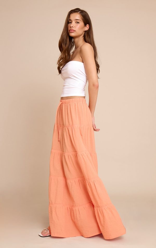 Peach Cotton Tiered Drawstring Waist Maxi Skirt
