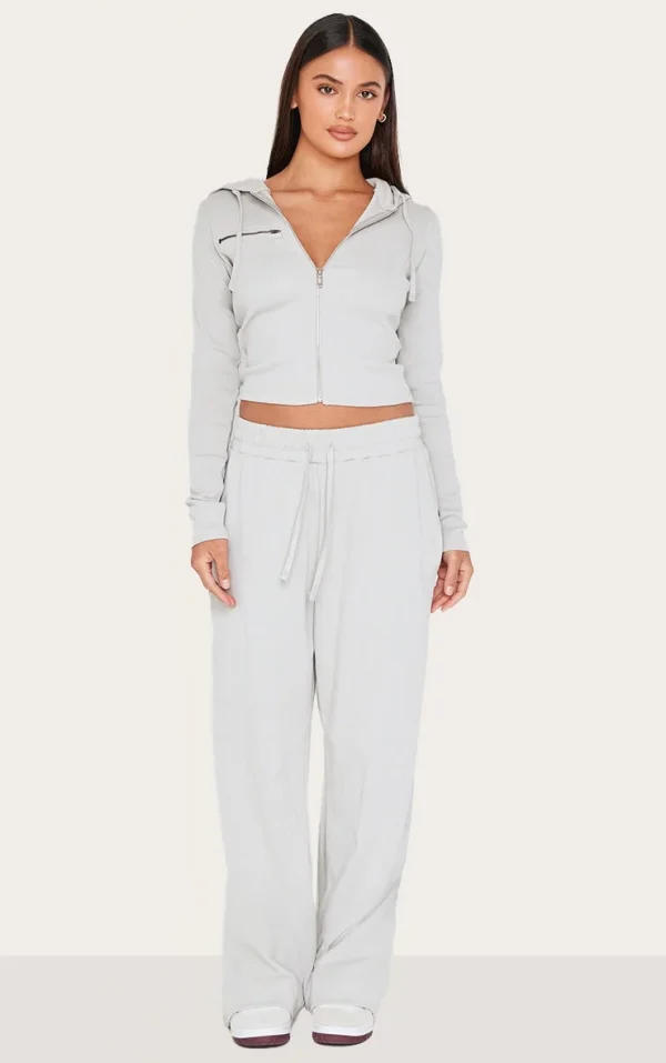 Light Grey Ribbed Low Rise Wide Leg Pants