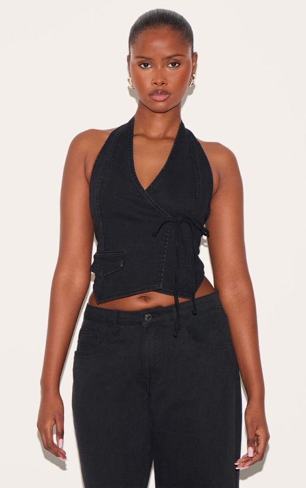 Washed Black Halter Neck Wrap Front Denim Vest