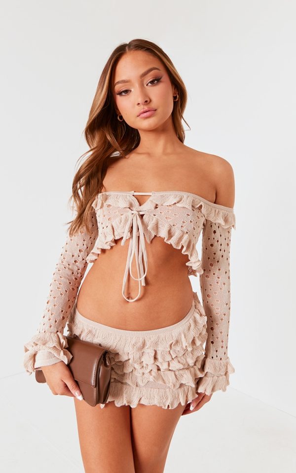 Petite Stone Bardot Crop Top With Ruffle Details