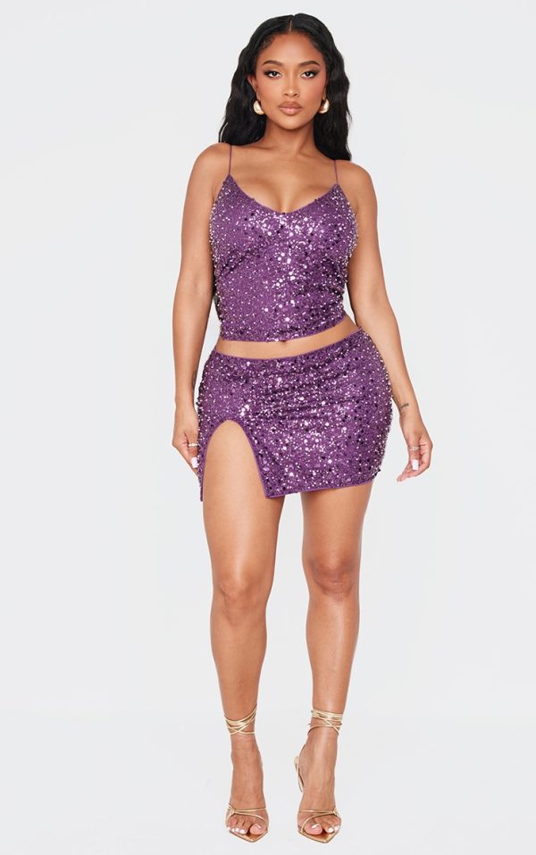 Shape Purple Pearl Sequin Low Rise Side Split Mini Skirt