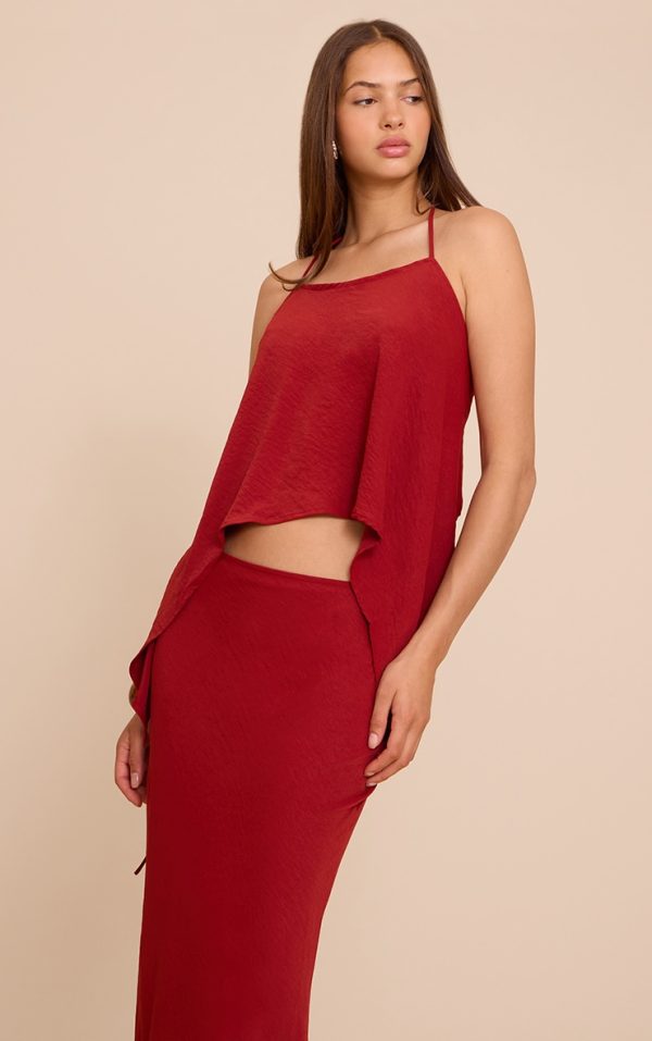 Deep Red Floaty Woven Split Hem Spaghetti Strap Top