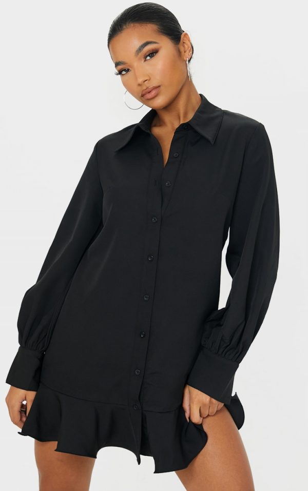 Black Frill Hem Shirt Dress