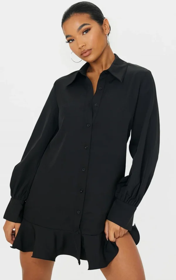 Black Frill Hem Shirt Dress