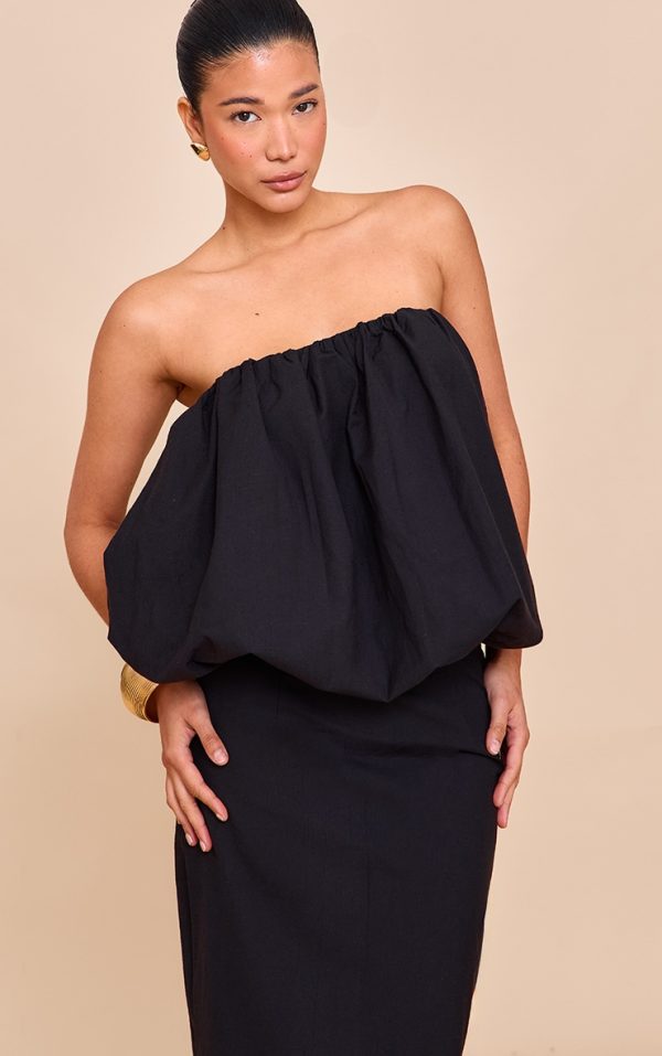 Black Ruched Longline Bandeau Top