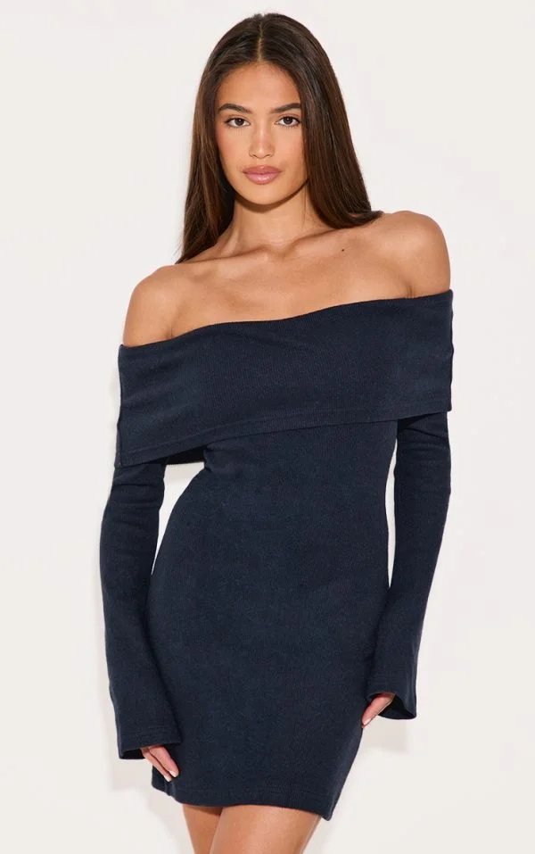 Navy Fold Over Bardot Mini Dress