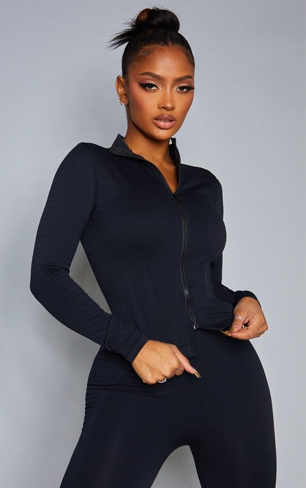 Shape Black Branded Double Zip Gym Top