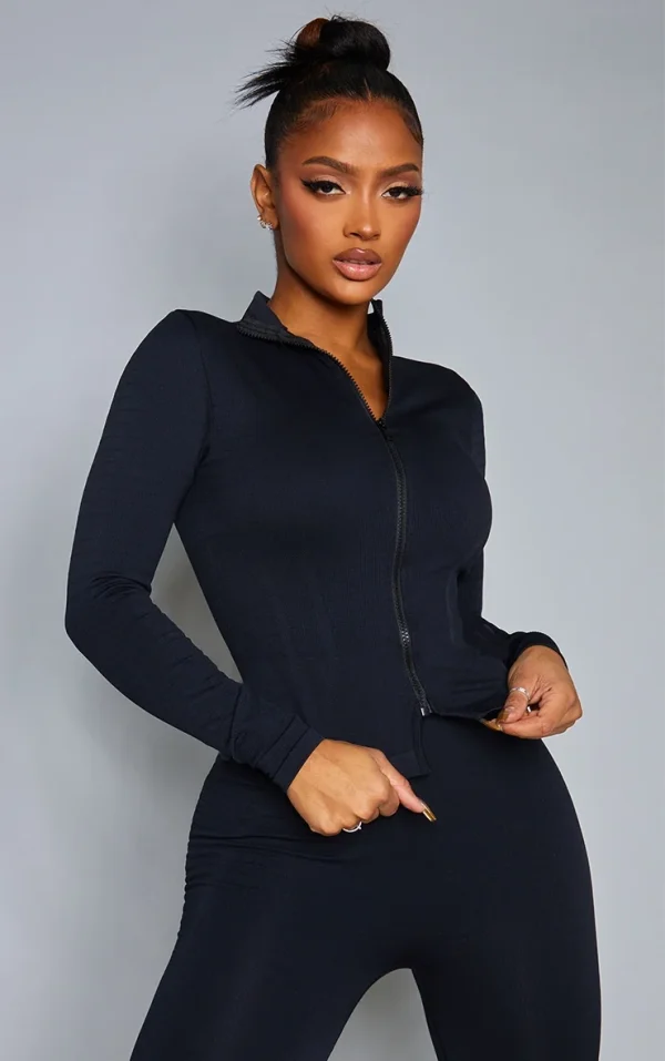 Shape Black Branded Double Zip Gym Top