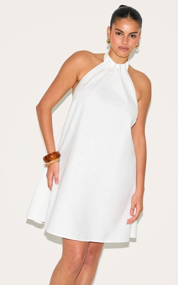 Plus White Linen-Blend Ruched Halterneck Shift Dress