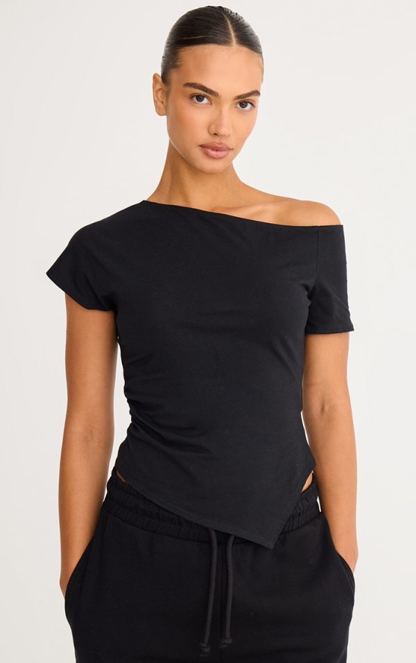 Black Cotton Off Shoulder Drape Longline Top