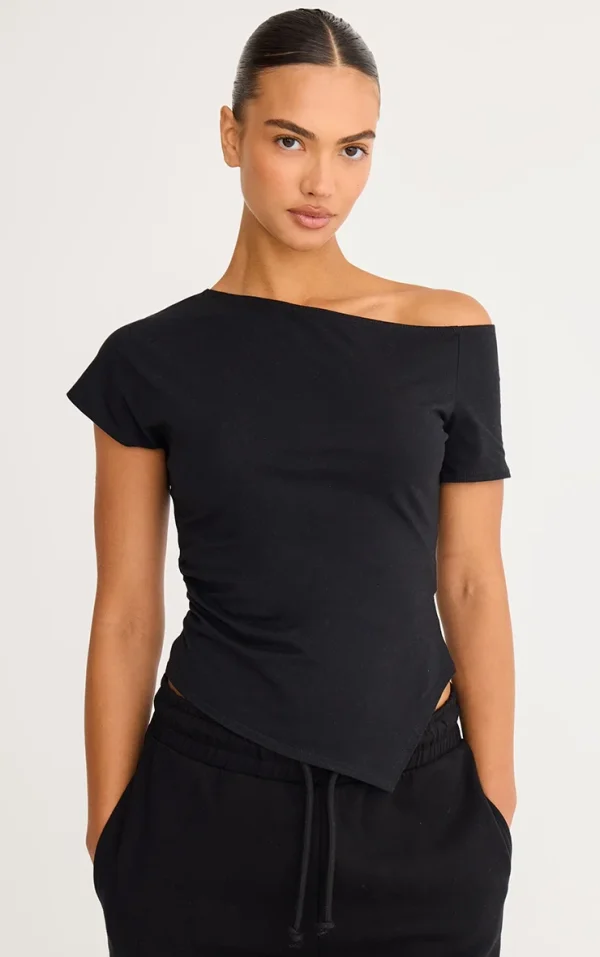 Black Cotton Off Shoulder Drape Longline Top
