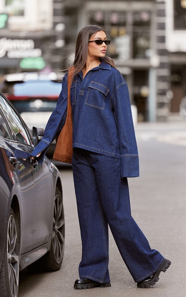 Indigo Contrast Stitch Long Sleeve Denim Rugby Shirt