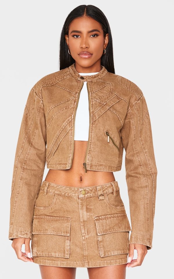 Brown Seam Detail Shoulder Padded Racer Cropped Denim Jacket
