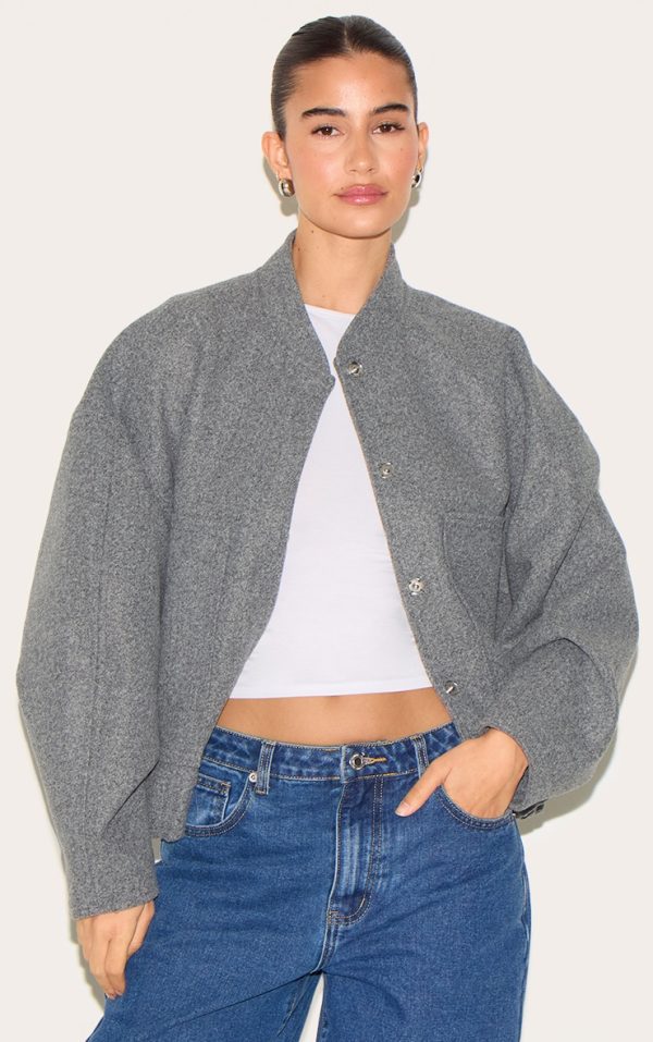 Grey Wool Look Longline Bomber Jacket