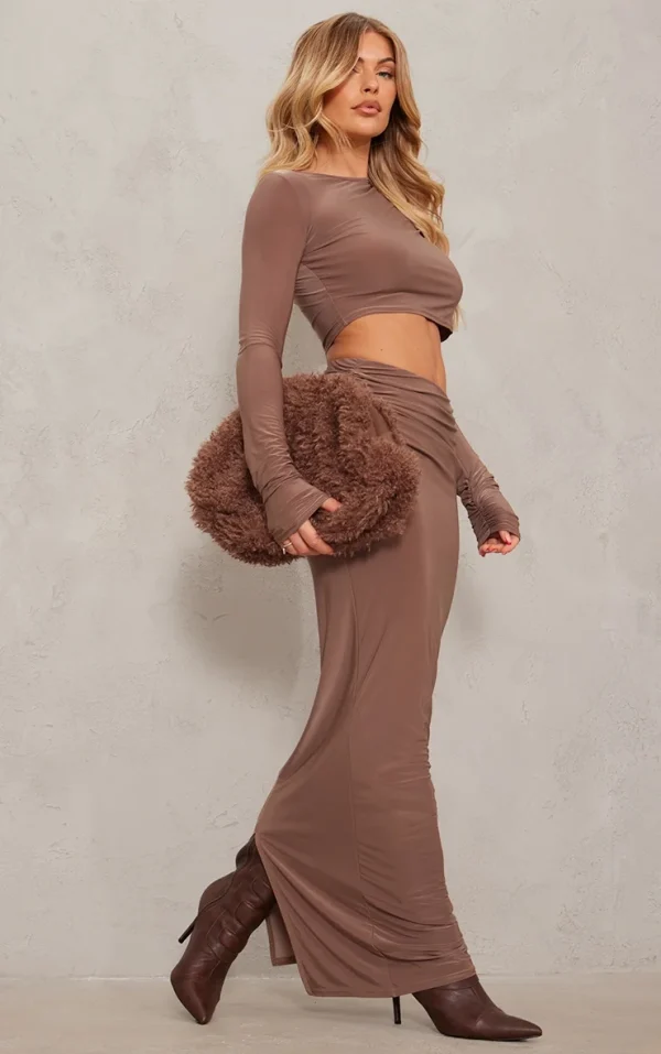 Mocha Slinky Low Rise Ruched Detail Maxi Skirt