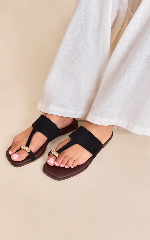 Black Faux Suede Toe Thong Gold Hardware Sandal