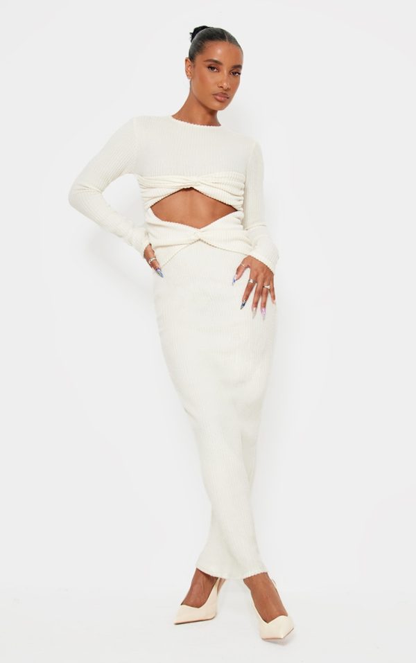 Cream Brushed Rib Cut Out Detail Maxi Dress