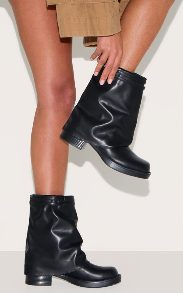 Black PU Round Toe Fold Over Buckle Strap Ankle Boots