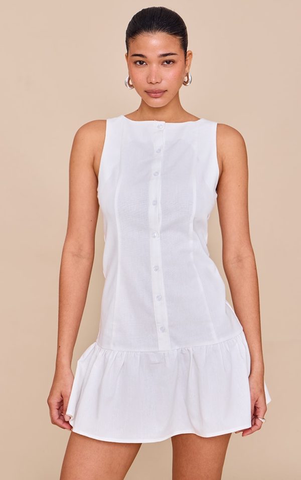 White Button Down Boat Neck Shift Dress