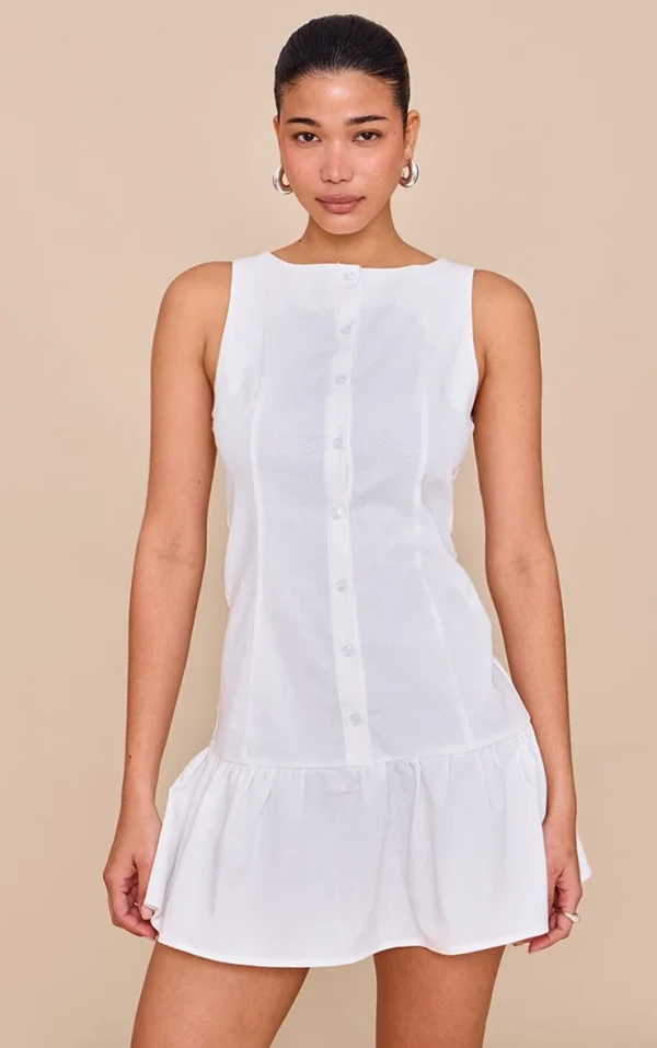 White Button Down Boat Neck Shift Dress