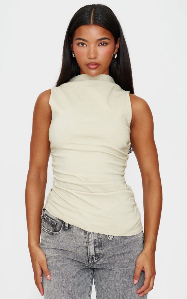 Stone High Neck Ruched Asymmetrical Long Top