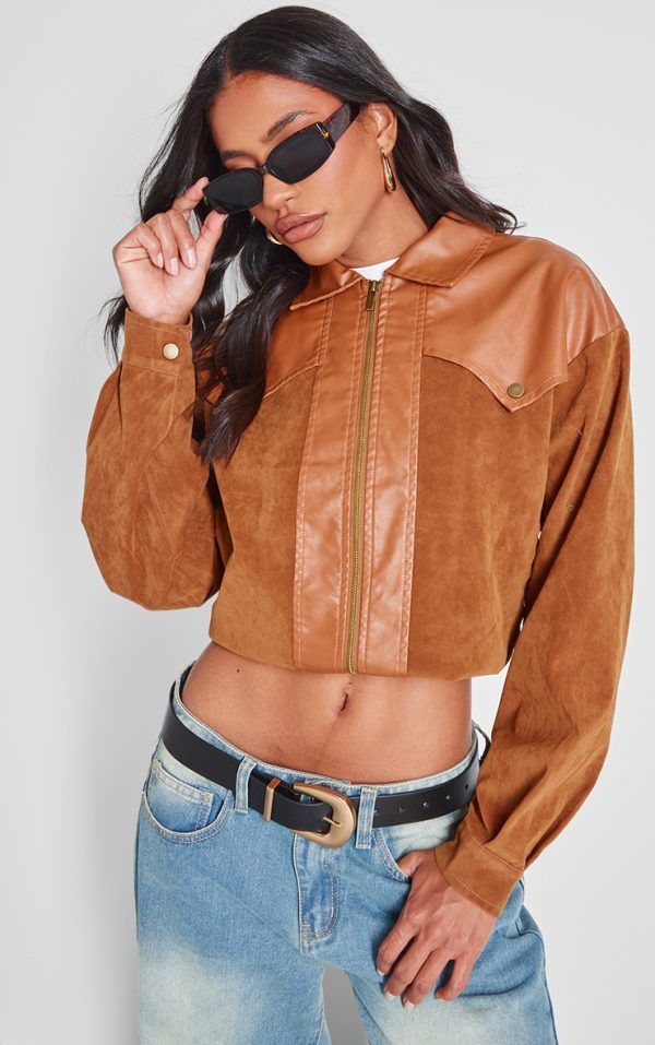 Brown Faux Suede Western Panel Detail Oversized Jacket