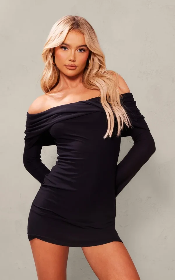 Black Soft Touch Twist Bardot Bodycon Dress