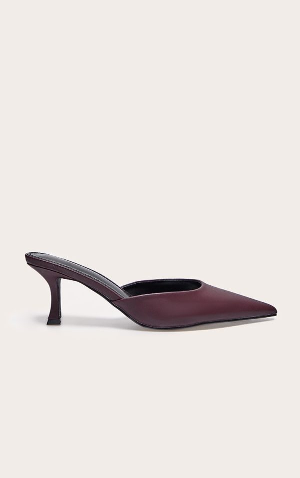 Burgundy PU Point Toe Mid Heeled Mules