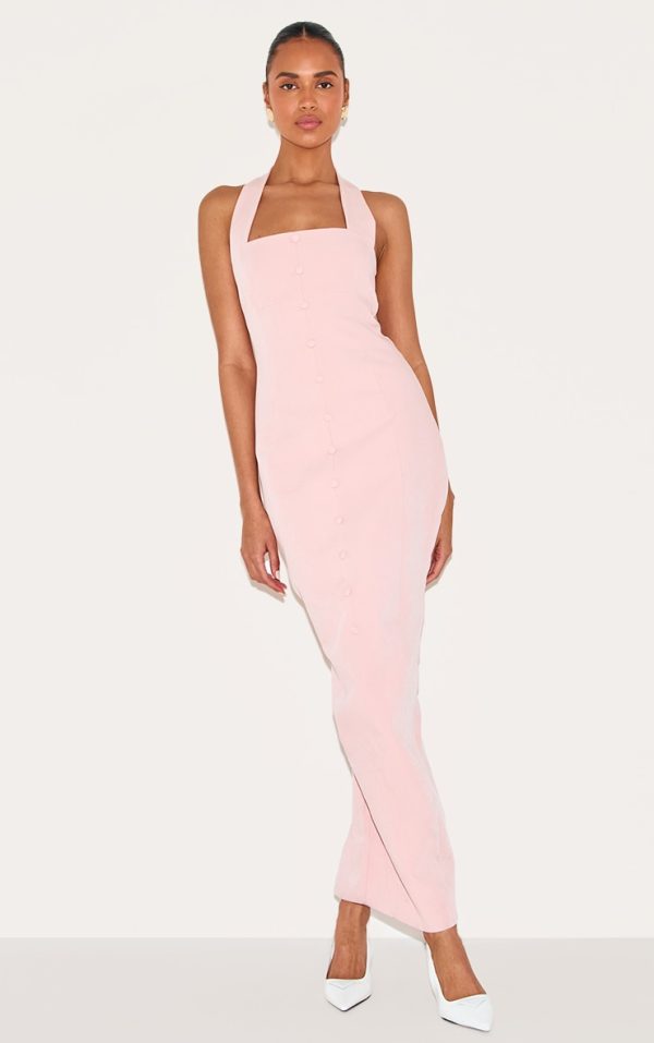 Dusty Pink Woven Halter Button Maxi Dress
