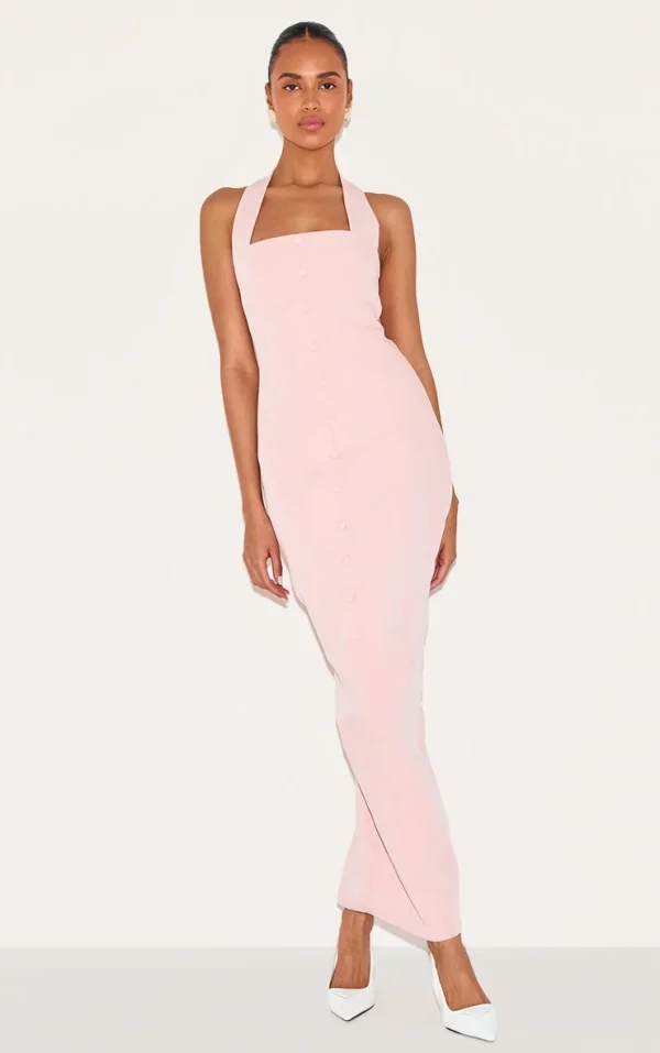 Dusty Pink Woven Halter Button Maxi Dress