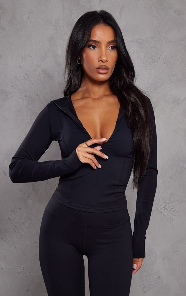 Black Sculpt Long Sleeve Hooded Gym Jacket