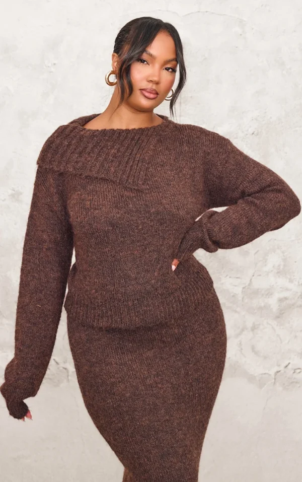 Plus Chocolate Marl Knit Asymmetric Overlay Sweater